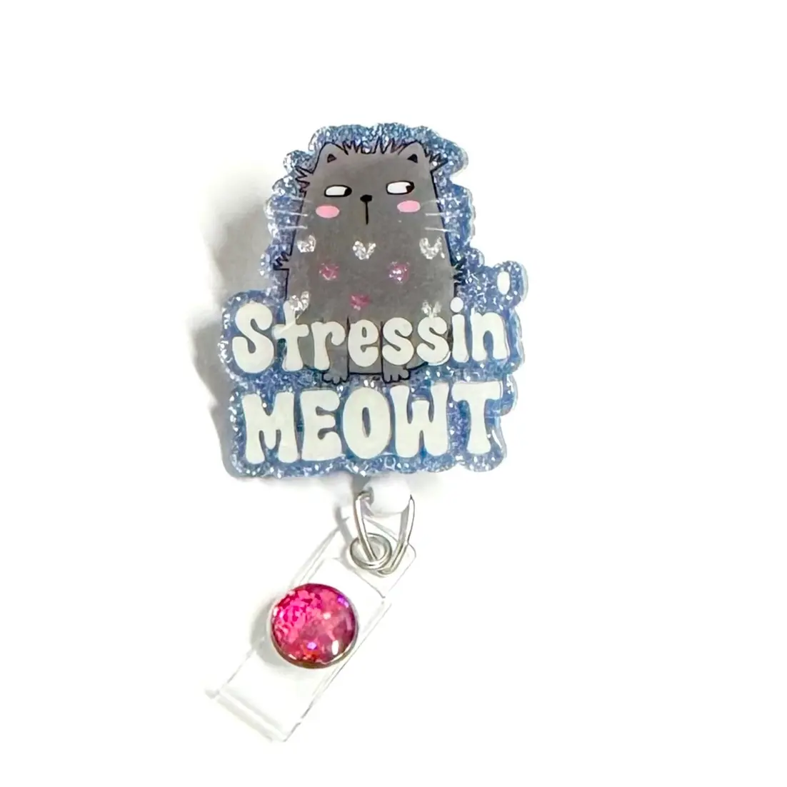 Stressin' Meowt Badge Reel Retractable Swivel Alligator Clip Cute Cat Design 2" Size for Office, Nurse, Pharmacy, Dental, Teacher