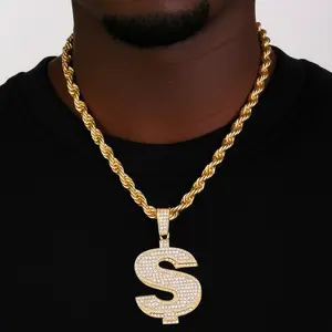 MaxBling81 Men's Iced CZ Money Symbol Large Pendant & 8mm 24in Thick Gold Cuban Rope Chain Necklace - High-Quality Polished Design, Daily Wear, Ideal Gift (8033), Chain Jewelry Necklaces