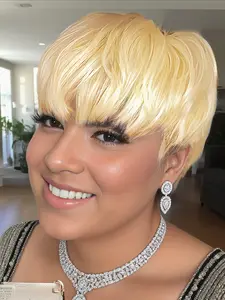 Short Wig Human Hair 613 Blonde Color Mullet Design with Bangs Layered Wavy Pixie Cut Machine Made for Women