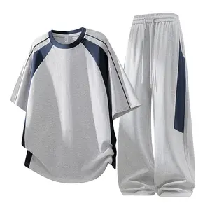 American retro color-block short-sleeve summer lightweight sports set made from ice silk quick-dry fabric; unisex design with a loose fit—perfect for everyday wear, commuting, running, and workouts.