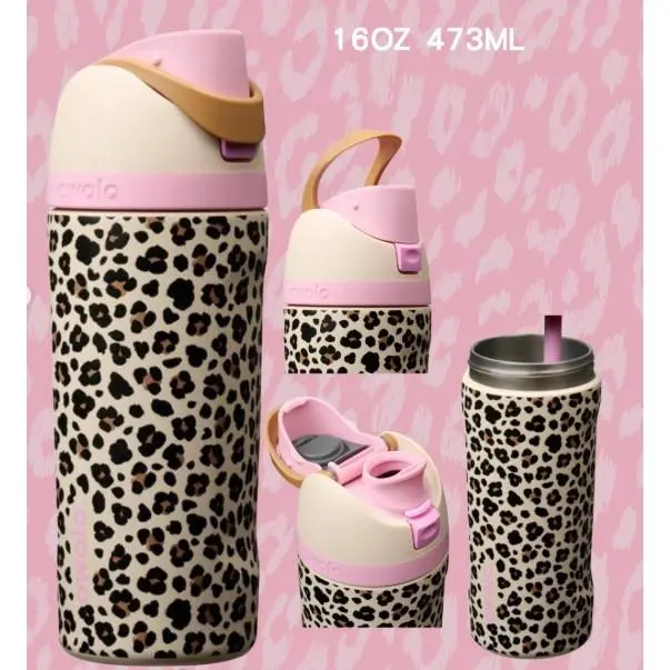 Owala x Cat & Jack 16 oz. FreeSip – Wild One Stainless Steel FreeSip Pink Leopard Insulated Water Bottle for School Office Gym, Gift Idea