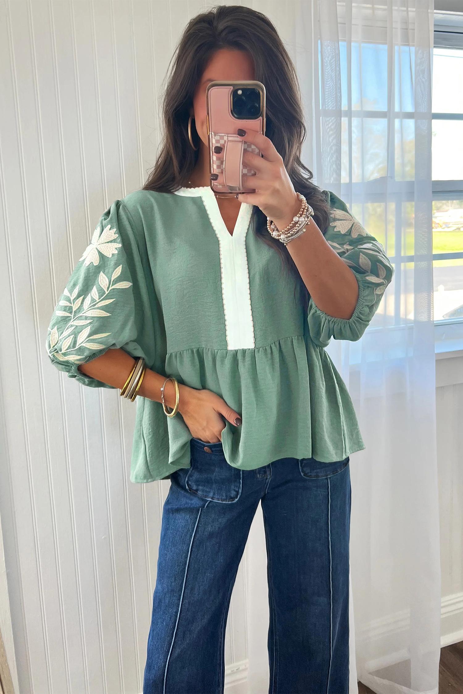 Women's Smoke Green Color Block Patchwork V-Neck Embroidered Puff Sleeve Babydoll Blouse, Casual Everyday Flowy Summer Tops for Women, Cute Preppy Peplum Shirts, Chic Boho Embroidered Blouses, Romantic Aesthetic Apparel