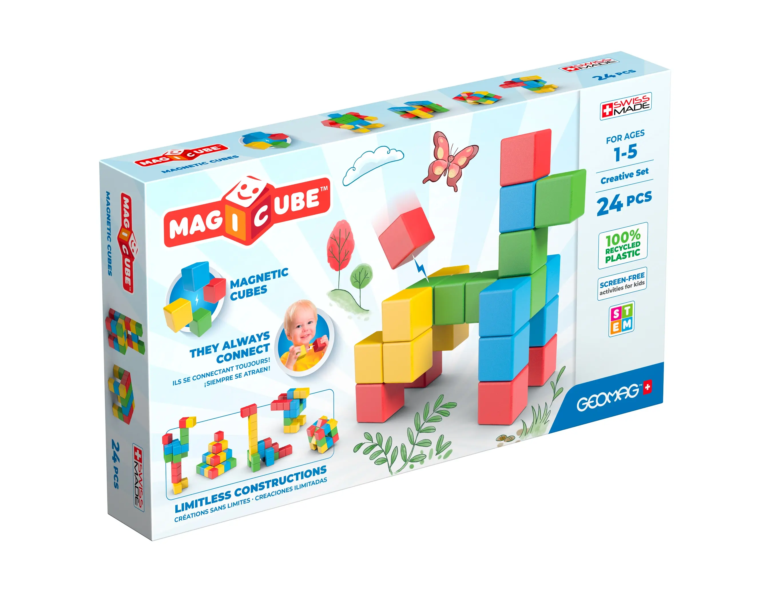 Geomag MagiCube 24-pc Magnetic Blocks Set for Toddlers & Kids Ages 1-5 | Swiss-Made STEM Educational Toy Made from 100% Recycled Plastic | Creative Early Learning Play