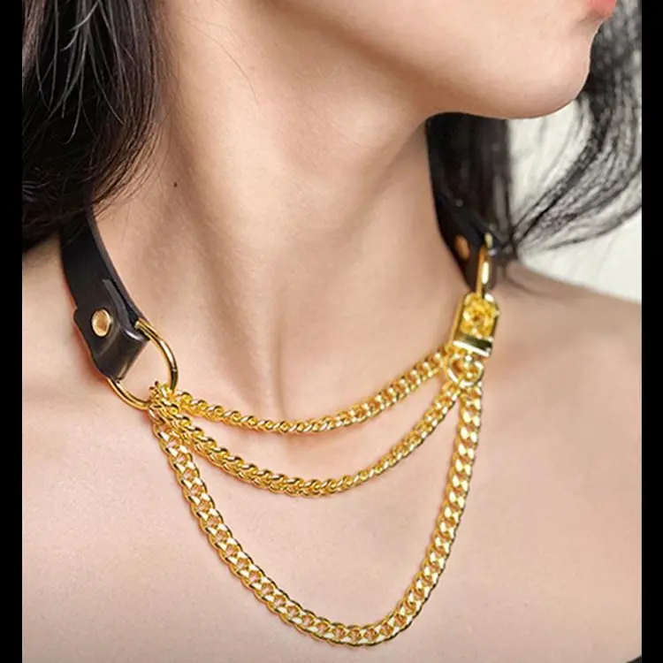 CHICCHOK [Classic Breathless] Black Genuine Leather Choker Necklace with Movable Thick Chains Perfect for Daily Wear or Night Out Fashion Cool Accessories Handmade Fashion Accessory Stackable Cuban Link Trendy Jewelry