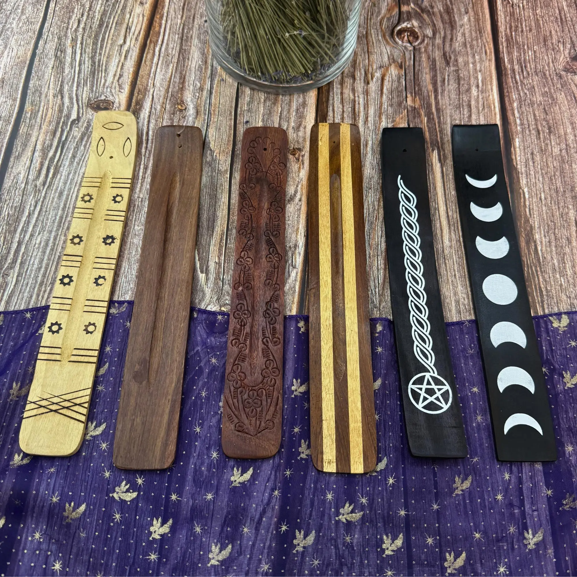 Wooden Incense Holder | Incense Stick Burner | Ash Catcher Tray | Carved Wood Incense Holder | Pentagram Incense Burner | Moon Phase Holder