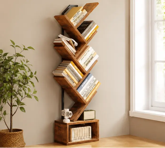 6-Tier Tree Bookshelf for Small Spaces, Narrow Steel & Wood Bookcase with Storage Cabinet, Vintage