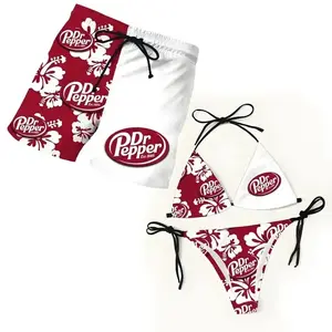 Matching Couples Swimwear Set – Dr Pepper Red Hibiscus Bikini & Board Shorts, Perfect Gift for Him & Her