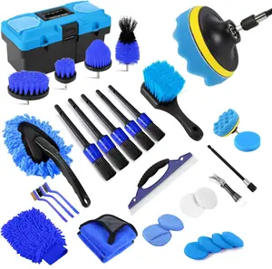 32-Piece Car Detailing Kit - Blue Auto Cleaning Set with Drill Brush Attachments, Detailing Brushes, and Storage Box for Dashboard, Wheels