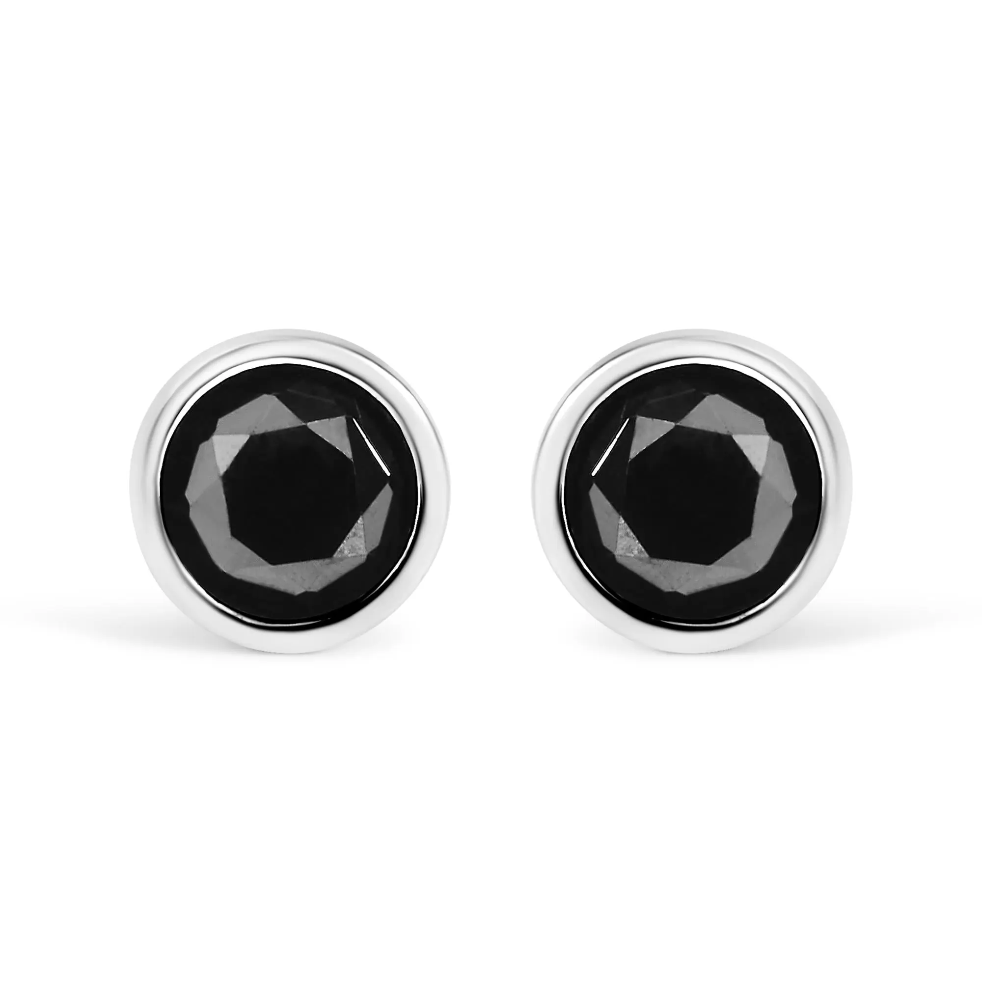 .925 Sterling Silver Round Brilliant-Cut Black Diamond Bezel-Set Stud Earrings with Screw Backs (Fancy Color-Enhanced, I2-I3 Clarity)