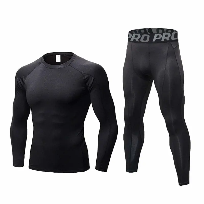 Men's 2-Piece Compression Set - Athletic Sport Underwear Base Layer, Polyester Blend Thermal Lined Sportswear, Long Sleeve Crew Neck Stretchy, Flatlock Seams, Quick-Dry Tights, Boosts Muscle Power for Running, Gym, Snowboarding