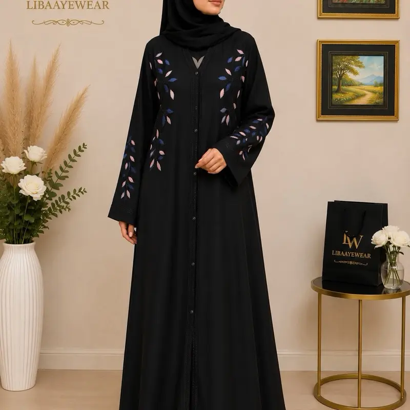 Women's Black Abaya with Elegant Floral Embroidery, Timeless Stitch Detailing