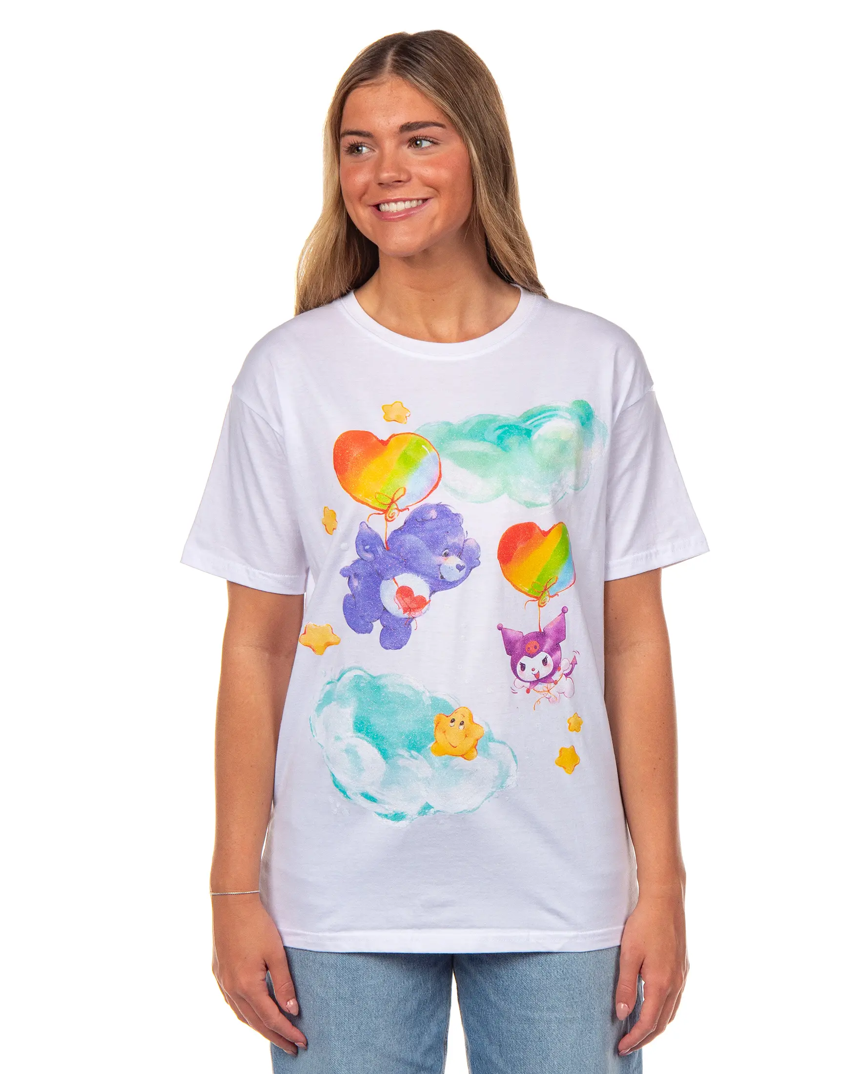 Women's Aesthetic Colorful Hello Kitty and Friends x Care Bears Short-Sleeve Tee - Harmony Bear, Kuromi, Glitter Sheen, Boyfriend Fit, Day-Ready Fabric