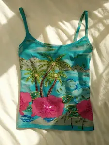 Summer island-style camisole vest with tropical coconut tree and floral prints, Spaghetti strap, a slim-fit cropped top for sexy vacation looks, suitable for seaside vacations, beach photoshoots, music festivals, Breathable, Womenswear