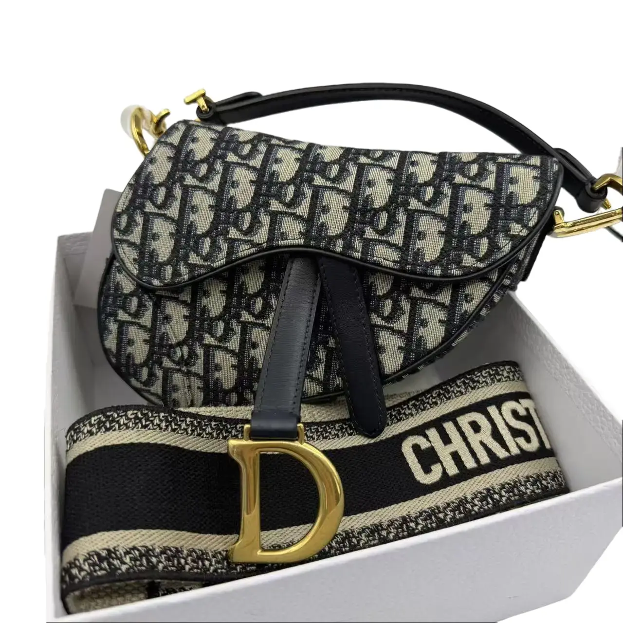 Pre-owned Dior hz9 Bobby Small Saddle Bag Oblique Canvas Gold Hardware Two Straps 70525