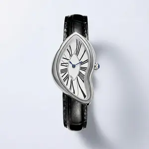 [Mother's Day Gift] Creative Melting Luxury Women's Watch Stylish Analog Quartz Wristwatch with Genuine Leather Strap Roman Numeral Dial Waterproof Business Casual Dress Watch