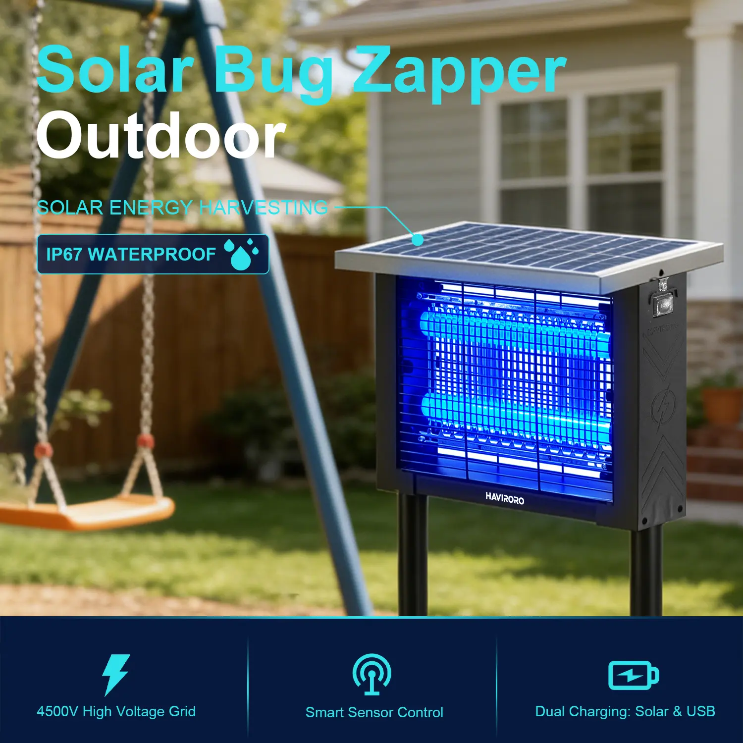 Solar Bug Zapper Outdoor, 4500V High Voltage Mosquito Killer Lamp, IP67 Waterproof, Solar & USB Dual Charging with Light Sensor Auto On/Off, Cordless Portable Insect Fly Trap for Patio, Garden, Backyard, RV Camping
