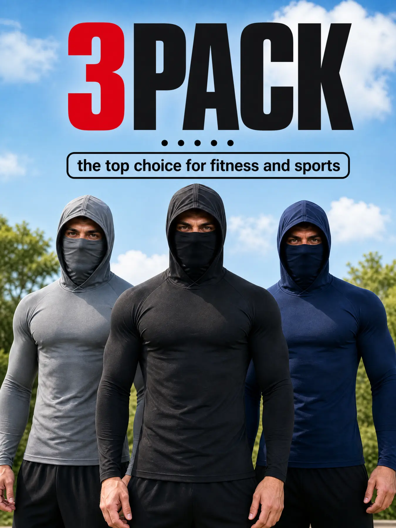 Bulk 6 Pack Elastic Athletic Hooded Base Layer Shirts with Integrated Face Mask for Men