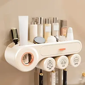 Wall-Mounted Toothbrush Holder with 2/3/4 Cups & Toothpaste Dispenser, Large Capacity Bathroom Storage Rack with Cosmetic Drawer, No Power Needed