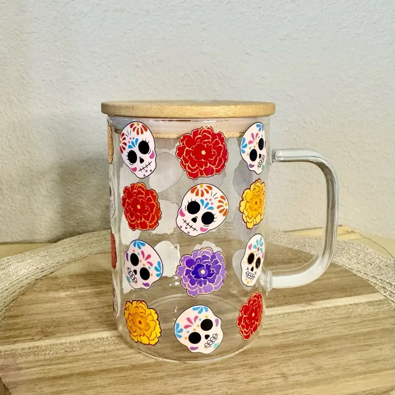Día de los muertos sugar skull glass mug with lid
