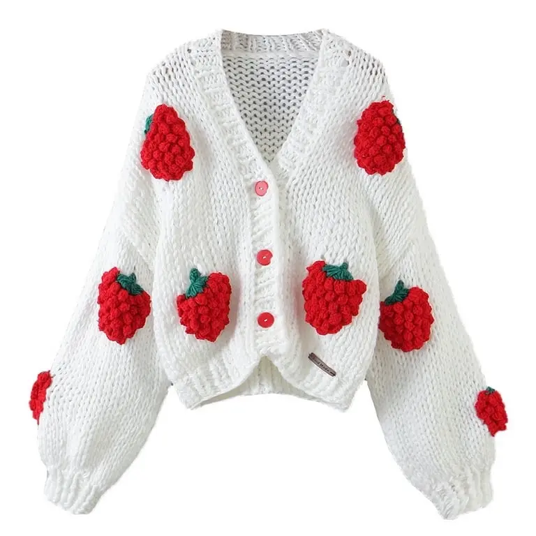 Women's Strawberry Embroidery Button Front Crop Cardigan - Casual V Neck Lantern Sleeve Knitwear for Spring & Fall, Fitted Comfort Everyday Style vintage graphic Knitted  Womenswear Tops