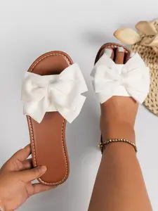 Women's Bowknot Design Slip on Rubber Sandals, Casual Boho Style Flat Sandals for Beach Vacation, Fashionable Shoes for Daily Wear