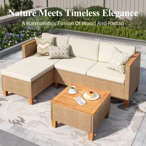 PHIVILLA Wicker Outdoor Patio Furniture Set Patio Chaise Longue Conversation Set, Rattan Sofa Couch with Acacia Wood Coffee Table for Deck Porch and Garden,DealsForYouDays