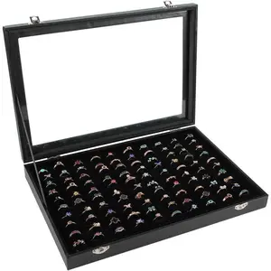 Ring Display Case Organizer Box with Transparent Lid, Ring Holder  For Store Display  Show , Ring Organizer For  Rings, Studs Earrings (100 Slot, Black)
