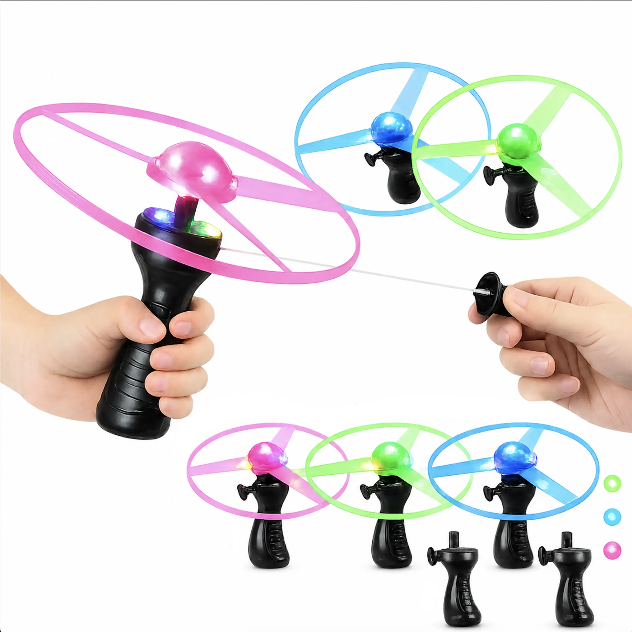 Led Light Up Pull String Flying Saucer UFO Disc Spinner Toys For Outdoor Plays (4 PCS)