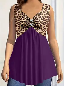 Women's Leopard Print Tank Top, Loose-Fitting Summer Casual Wear, Elegant Chic Aesthetic Patchwork Design, Perfect for Daily & Dates