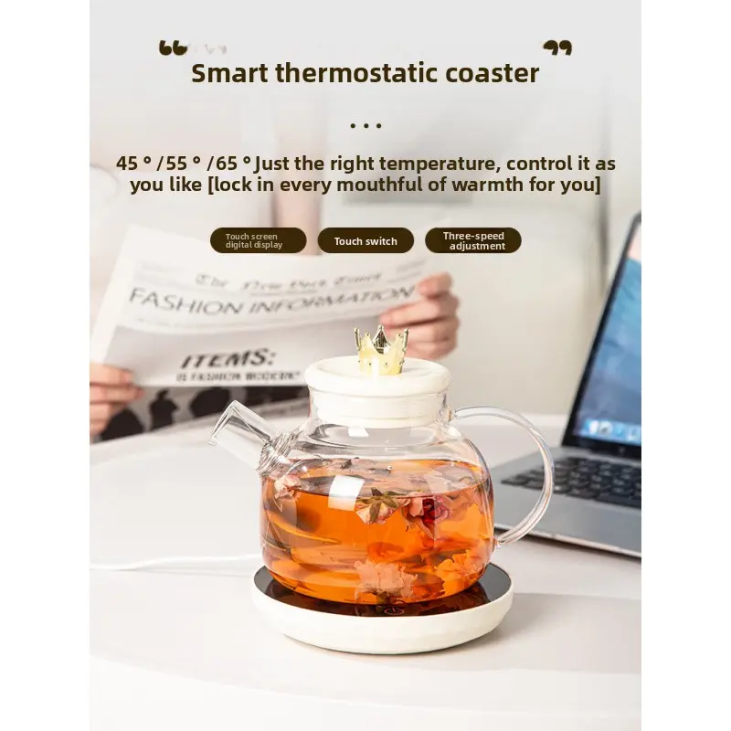Transparent Insulated Electric Water Kettle with Glass+ABS Build, 55-Degree Temp Select, 3-Speed Adjustment, Touch Screen Display, Smart Thermostatic Coaster, Insulated Cup, Keep Warm Function for Office Users, Kitchen & Household Appliances