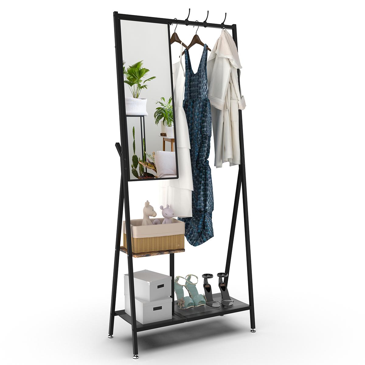 CoatRackwithMirror-MultifunctionalHallTreewithShoeStorage,MetalFrame73"TallIndustrialStyleRusticBrownBlackforEntrywayLivingRoomBedroom,SpaceSavingWallMountedFreestandingOrganizerFurnitureforApartmentDormEssentials