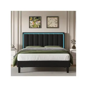 Bed Frame With LED Lights, Modern PU Leather Upholstered Platform Bed With Adjustable Headboard, White/Black/Pink,Twin/Full/Queen/King