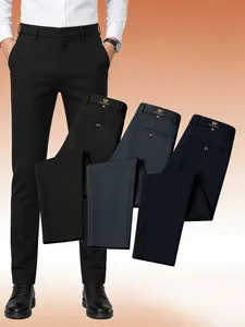 3-Pack Men's Business Casual Pants, Menswear Crown Logo Luxury Style, High Stretch Wrinkle-Resistant No-Iron, Slim Fit Not Tight, Breathable Comfort, Superior Drape, Easy Care, Versatile Fashion