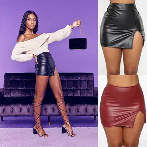 2025 new sexy hot girl PU leather waist black short skirt female hip slit skirt female