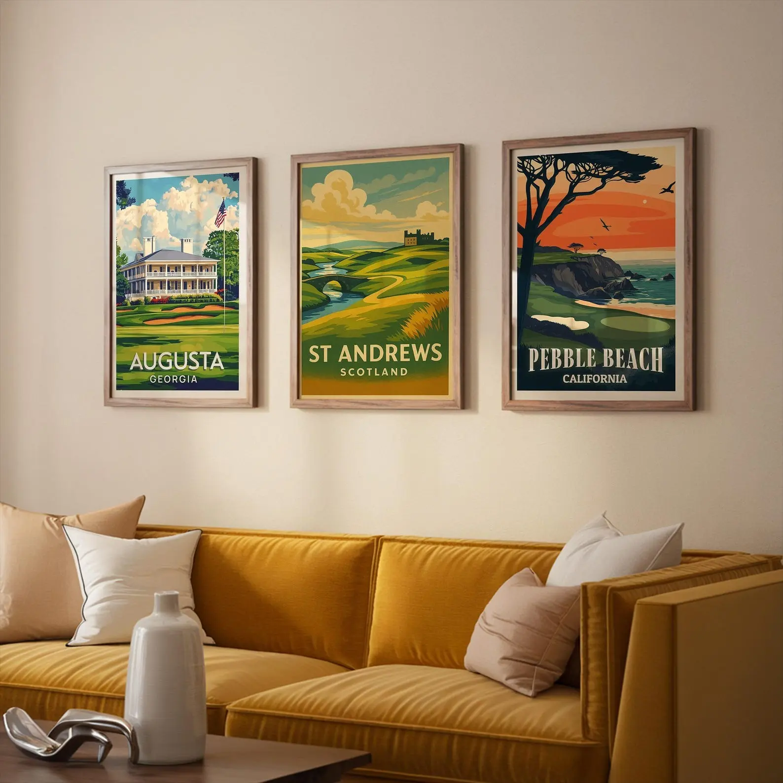 Famous Golf Courses – 3-Print Set (Augusta, Pebble Beach, St Andrews), Vintage Golf Wall Art, Gift for Dad, Man Cave Golf Decor