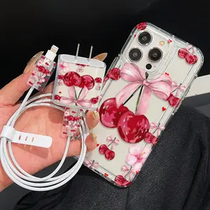 5 Piece Set Cherry Phone Case, Charger Protector, Cable Organizer, Storage Rope, Transparent Anti-Drop Tpu Cover for iPhone Models