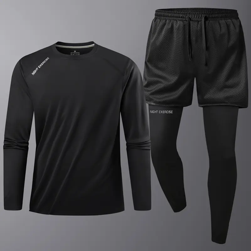 Men's Fitness Sports Suit, Quick-Dry Long Sleeve for Gym and Two-Piece Look Jogger Pants, Running Training Set, Night Exercise