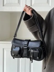 Summer Street Style Plain Grommet Eyelet Design Underarm Bag, Casual Shoulder Bag, Crossbody Bag for Women, Punk Goth Pu Leather Bag, Commuter College Bag for Back To School Gift, Fall Outfits