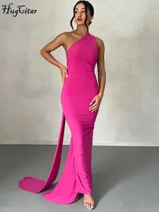Hugcitar One Shoulder Backless Adjustable Scarf Loop Ruched Sexy Maxi Dress Women Elegant Y2K Streetwear Festival Outfit