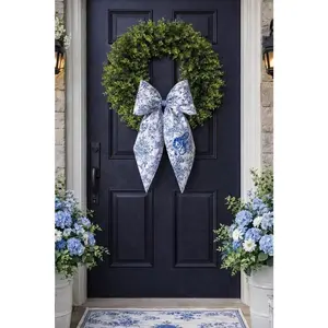 Blue Damask Floral Wreath Bow: Personalized Elegant Decor wreath sash, monogram door decor