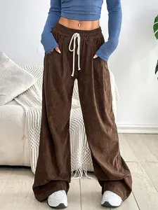 Women's Solid Drawstring Waist Corduroy Pants, Casual Pocket Trousers for Daily Wear, Ladies Bottoms for All Seasons, Casual Sporty Trousers