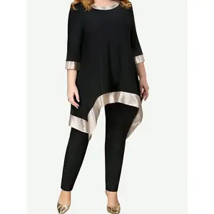 Plus Size Colorblock Trim Two-piece Set, Crew Neck Asymmetrical Hem Top & Pants Outfits, Women'S Plus Size Clothing