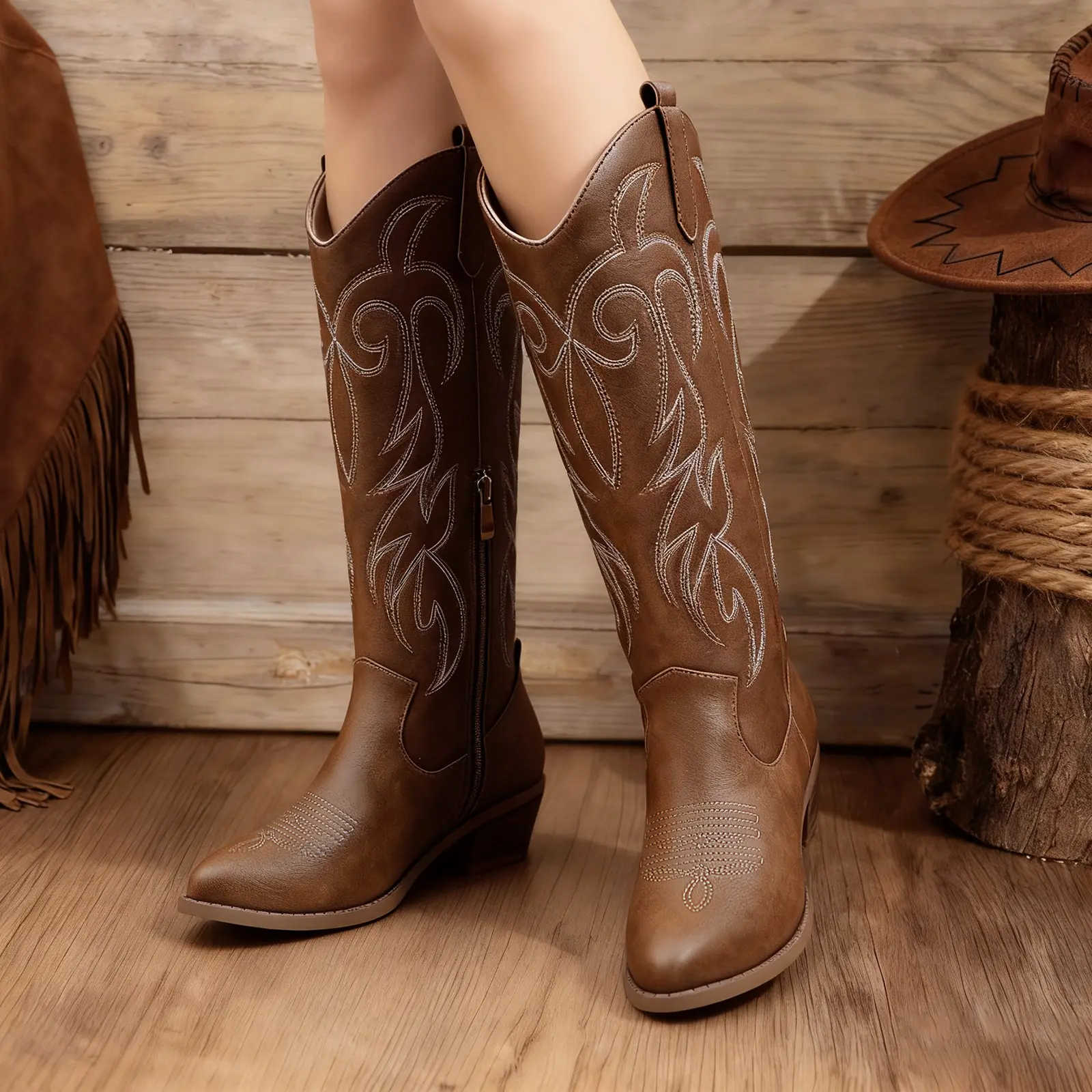 Women’s Cowboy Boots – Sparkly Rhinestone Western Boots with Classic Embroidery, Pointed Toe, Side Zipper Pull-On Design, Retro Tall Fashion Boots for Cowgirl Outfits, Parties & Daily Wear