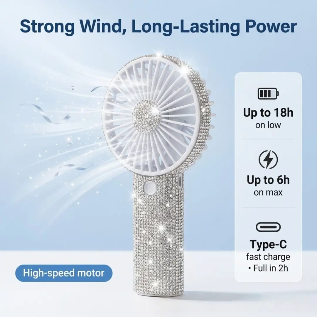 Ultra-Compact Portable Handheld Fan, Bling Rhinestones, 17000RPM High-Speed Personal Cooling, 2400mAh Rechargeable Battery, 6-18H Runtime, USB-C Fast Charge, Battery-Powered for Travel, Outdoor, Summer Gift, Portable Fan, Battery-Powered Portable Fans