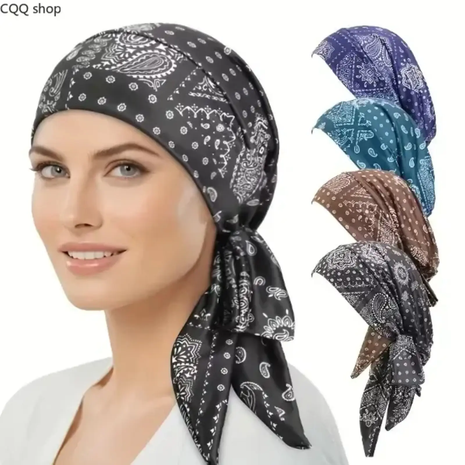 4Pcs Paisley Pattern Headscarf Set, soft turban with tie strap. Elegant under cap for hair protection, stylish daily wear and thoughtful gifts