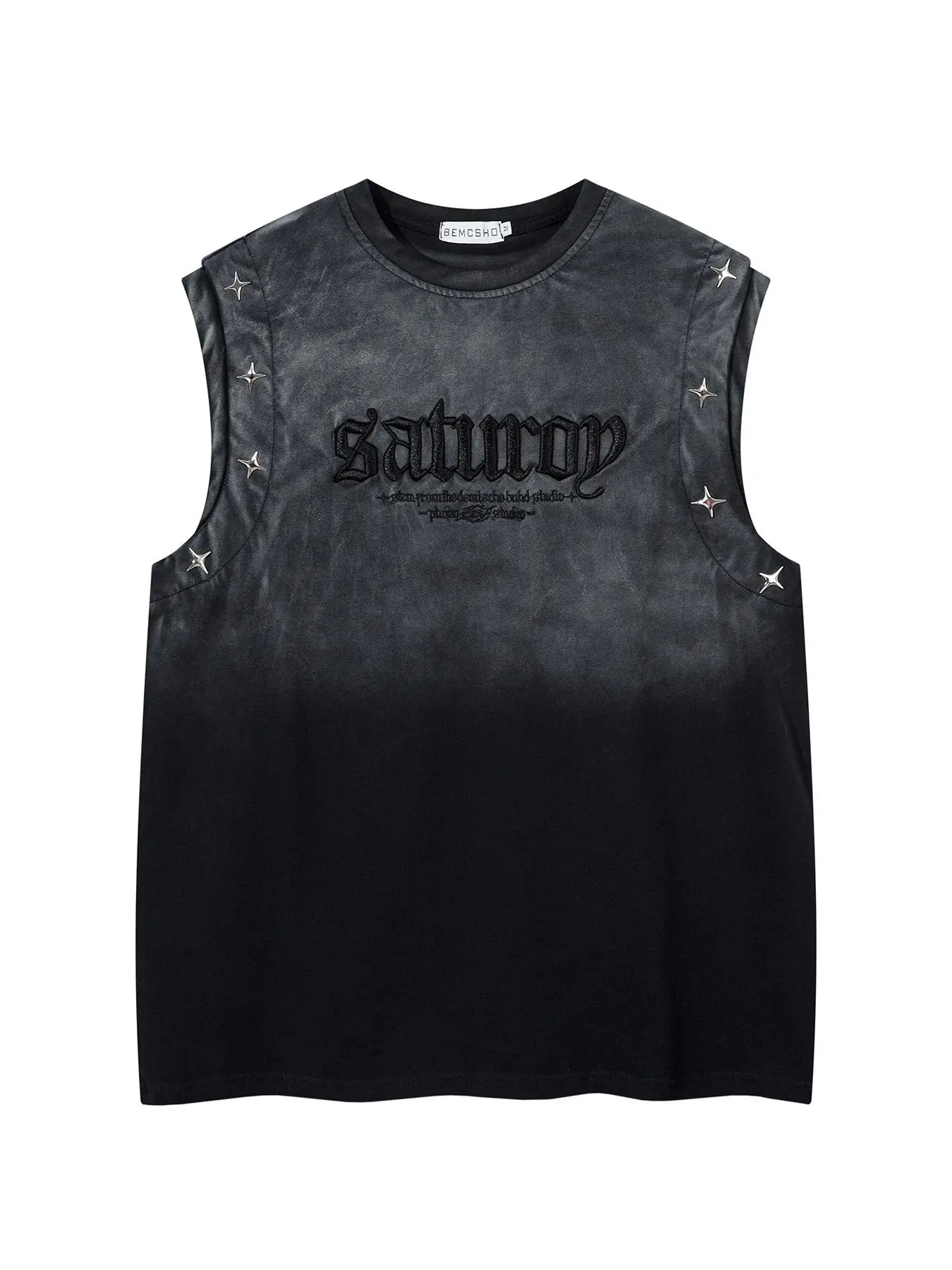 Men Women Summer Fashion Casual Sleeveless Top, Vintage Washed Tie-Dye Gradient Color Graphic Letter Embroidery Star Metal Buckle Design, Washed Sleeveless Vest