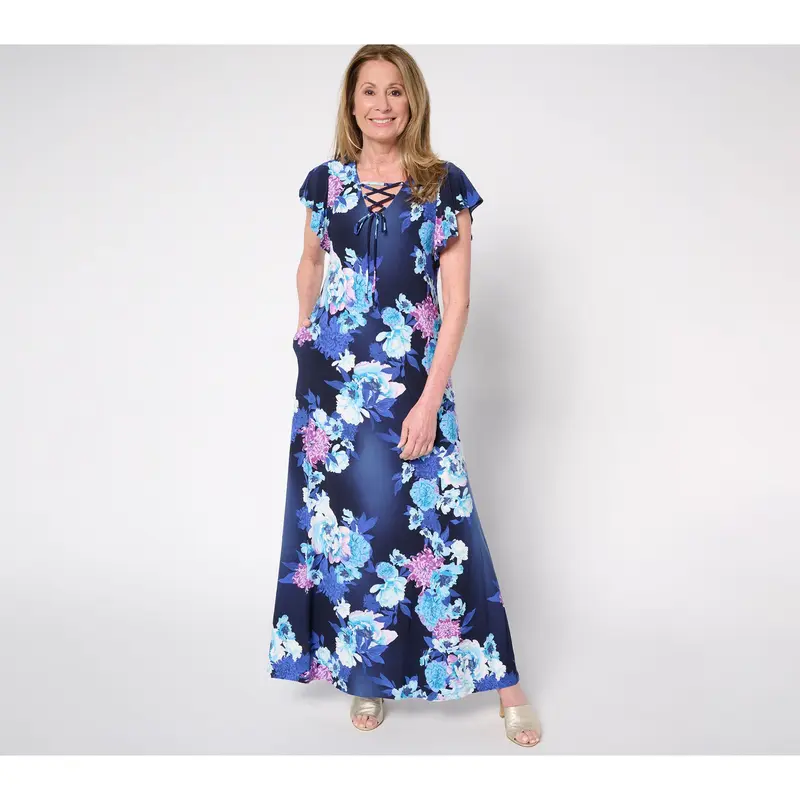 Attitudes by Renee Regular Como Jersey Lace Up Front Maxi Dress