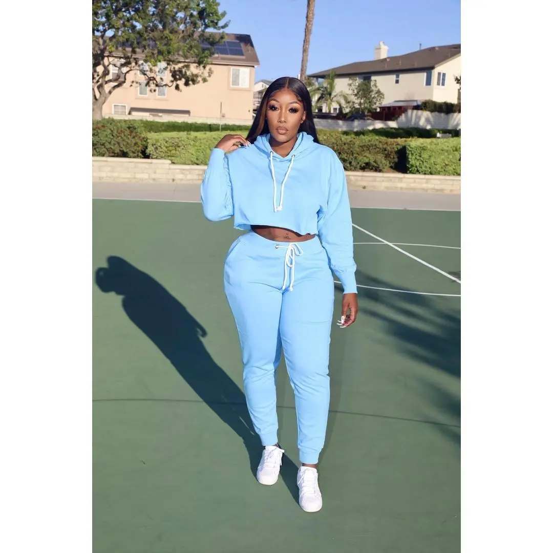 DON'T SWEAT IT Light Blue Long Sleeve Cropped Sweatshirt & Matching Pants Set - Soft Stretchy Casual Jumpsuit