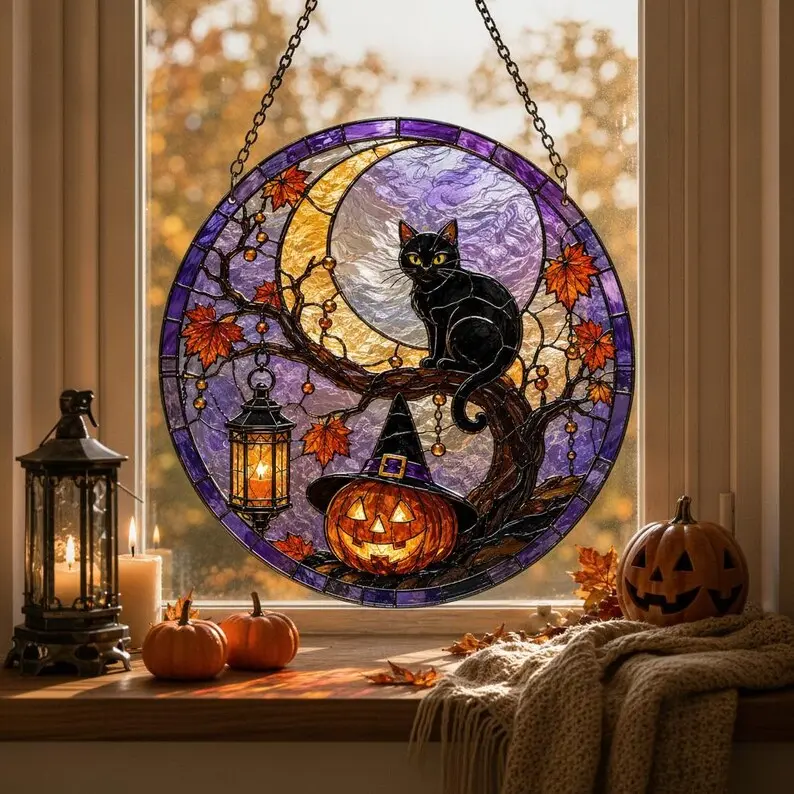 Black Cat Moon Glass Suncatcher, Halloween Pumpkin Window Hanging, Autumn Maple Leaf Decor, Witchy Lantern Housewarming Gift for Her