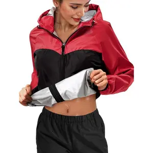Women’s colorblock zip-up hooded sports sauna jacket with sporty drawstring and pockets; outerwear for gym workouts and running; ladies’ sportswear for all seasons; clothing